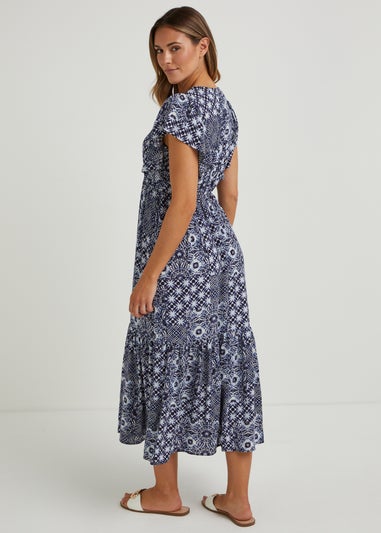 Papaya Petite Navy Tile Print Crinkle Midi Dress