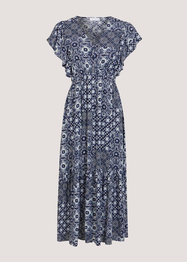 Papaya Petite Navy Tile Print Crinkle Midi Dress