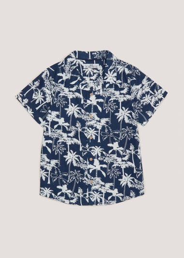 Boys Navy Palm Spring Print Shirt (4-13yrs)