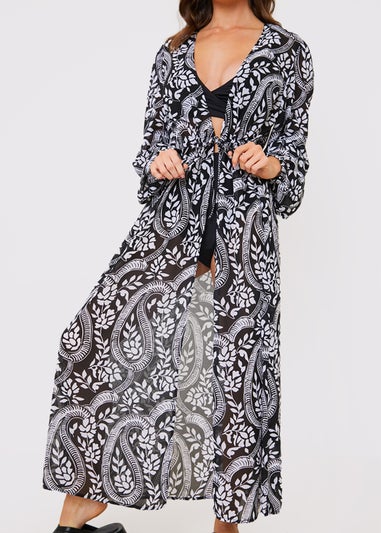 In the Style Jac Jossa Black Paisley Tie Front Maxi Cover Up