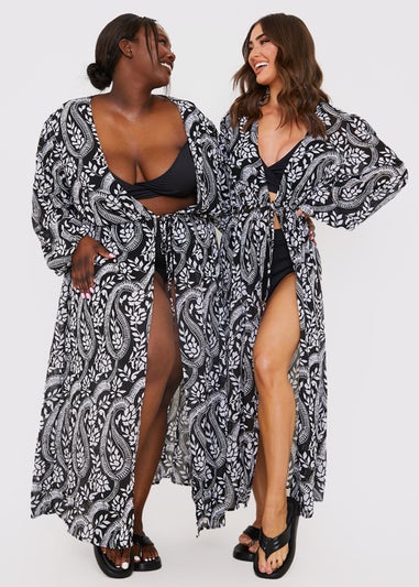 In the Style Jac Jossa Black Paisley Tie Front Maxi Cover Up