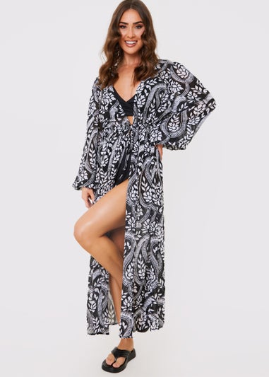 In the Style Jac Jossa Black Paisley Tie Front Maxi Cover Up