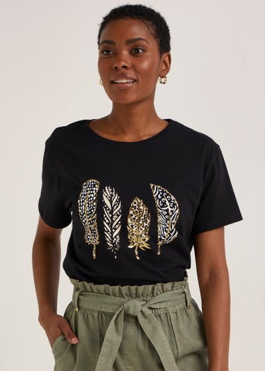 Black Feather Print T-Shirt