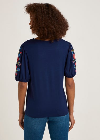 Navy Embroidered Sleeve T-Shirt