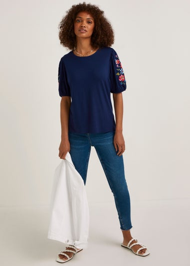 Navy Embroidered Sleeve T-Shirt