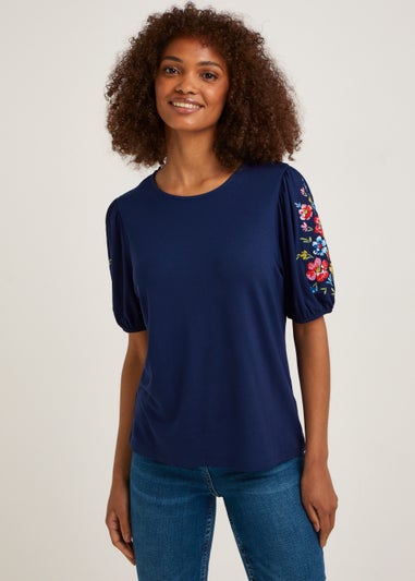 Navy Embroidered Sleeve T-Shirt