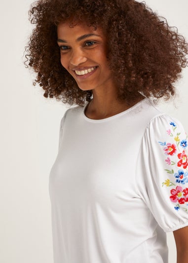 White Embroidered Sleeve T-Shirt