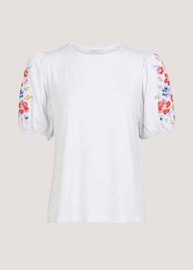 White Embroidered Sleeve T-Shirt