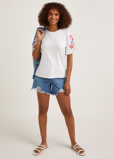 White Embroidered Sleeve T-Shirt