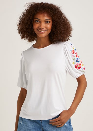 White Embroidered Sleeve T-Shirt