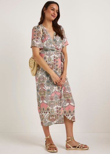 Multicoloured Scarf Print Wrap Midi Dress