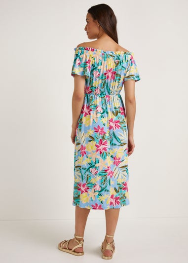 Blue Floral Bardot Midi Dress