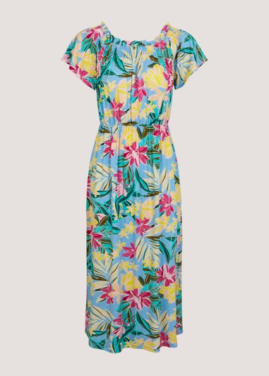 Blue Floral Bardot Midi Dress