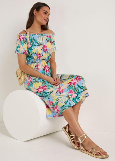 Blue Floral Bardot Midi Dress