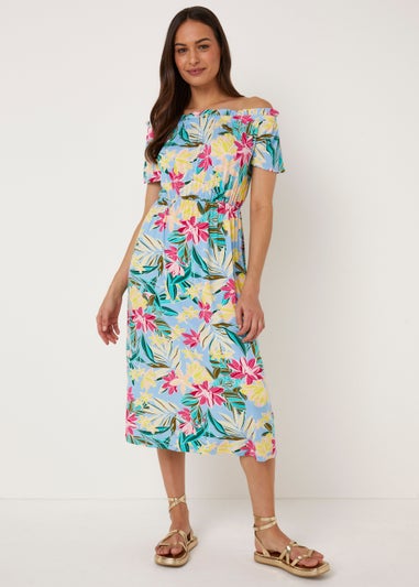 Blue Floral Bardot Midi Dress