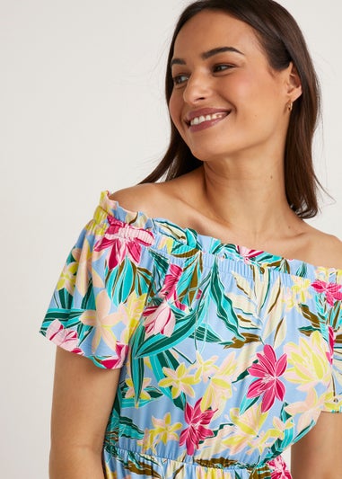 Blue Floral Bardot Midi Dress