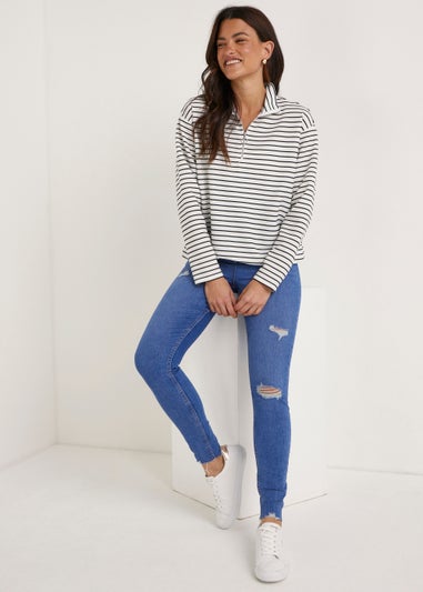 White Stripe Half Zip Ottoman Sweatshirt
