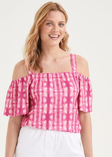 Pink Print Textured Bardot Top