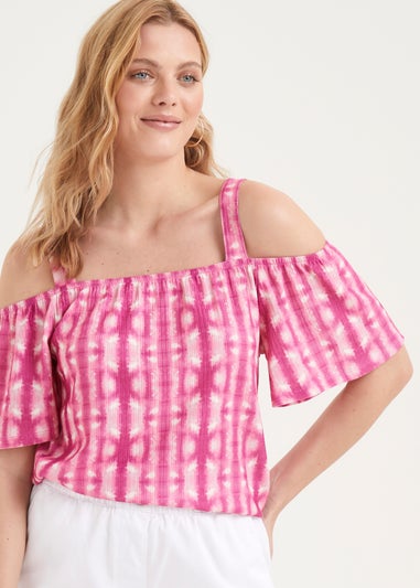 Pink Print Textured Bardot Top