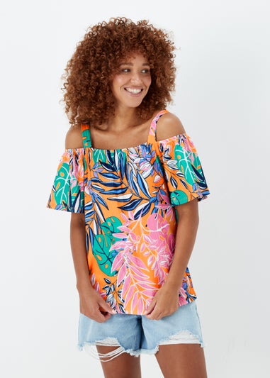 Multicoloured Tropical Print Textured Bardot Top