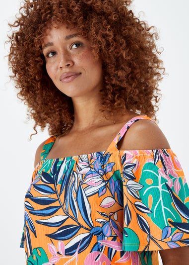 Multicoloured Tropical Print Textured Bardot Top
