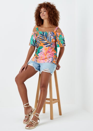 Multicoloured Tropical Print Textured Bardot Top