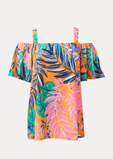 Multicoloured Tropical Print Textured Bardot Top