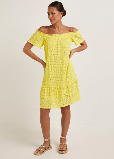 Yellow Textured Bardot Jersey Mini Dress