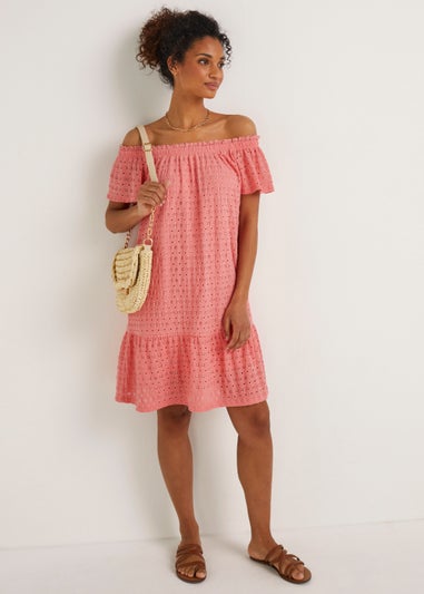 Coral Textured Jersey Bardot Mini Dress