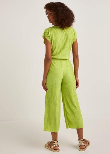 Green Plisse Cropped Wide Leg Co-Ord Trousers