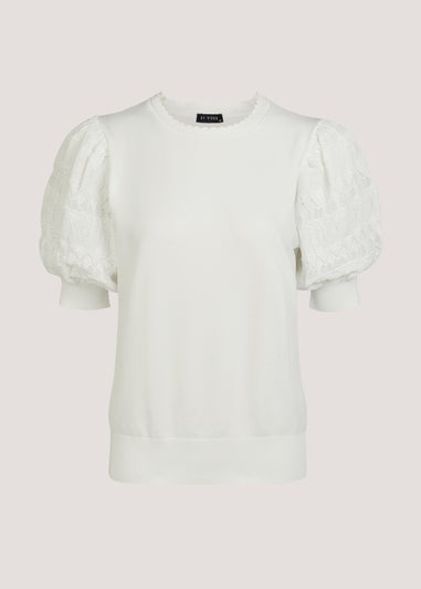 Et Vouse White Pointelle Sleeve Knitted Top