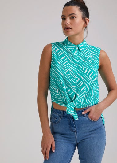 Green Zebra Print Tie Front Shirt