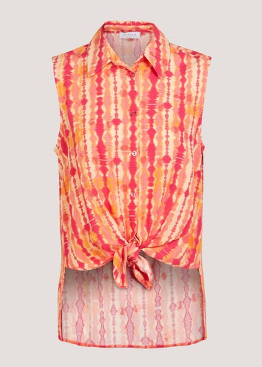 Orange Printed Tie Front Sleeveless Shirt