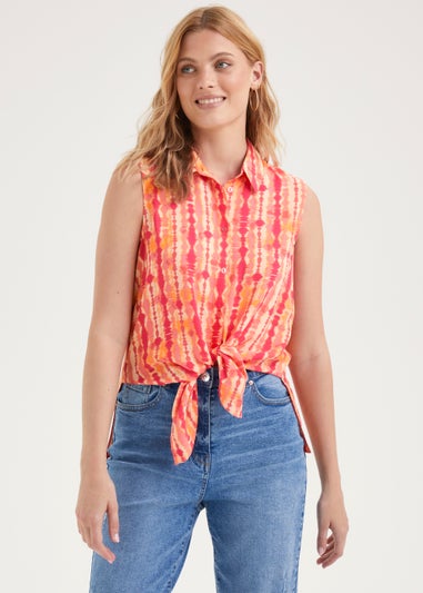 Orange Printed Tie Front Sleeveless Shirt