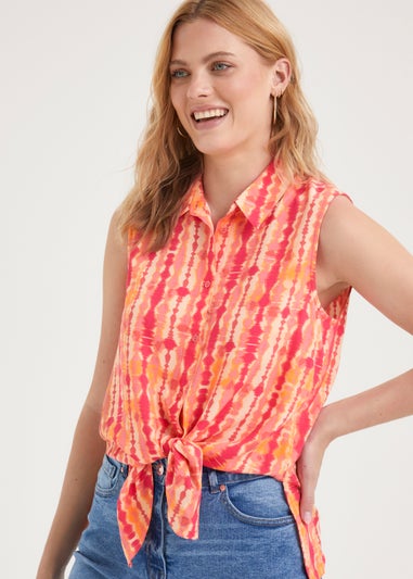 Orange Printed Tie Front Sleeveless Shirt