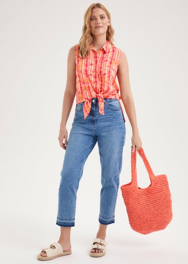 Orange Printed Tie Front Sleeveless Shirt