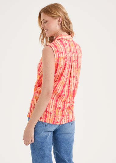 Orange Printed Tie Front Sleeveless Shirt