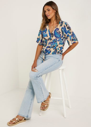 Blue Paisley Print Tie Front Shirt