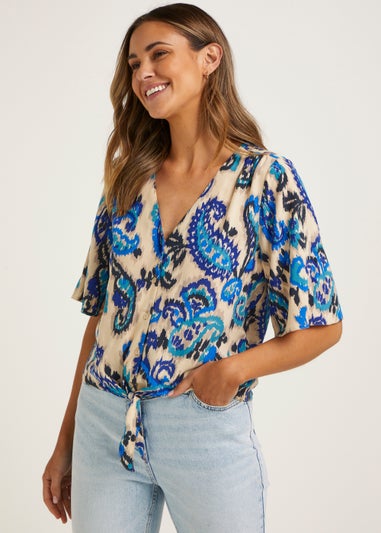 Blue Paisley Print Tie Front Shirt