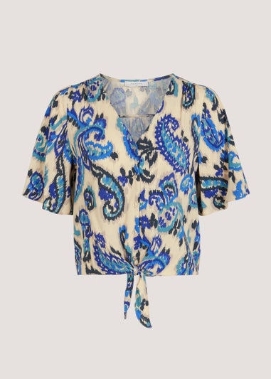 Blue Paisley Print Tie Front Shirt