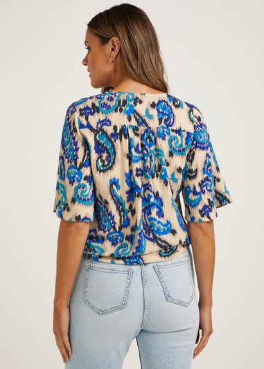 Blue Paisley Print Tie Front Shirt