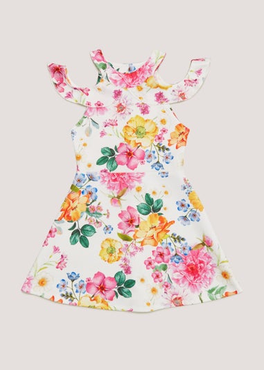 Girls White Floral Scuba Occasion Dress (4-13yrs)