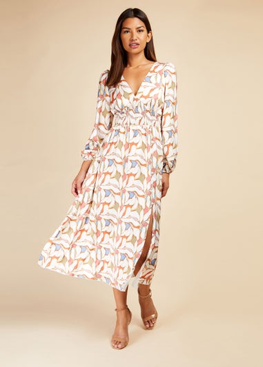 Little Mistress Leaf Print Blouson Sleeve Midi Dress