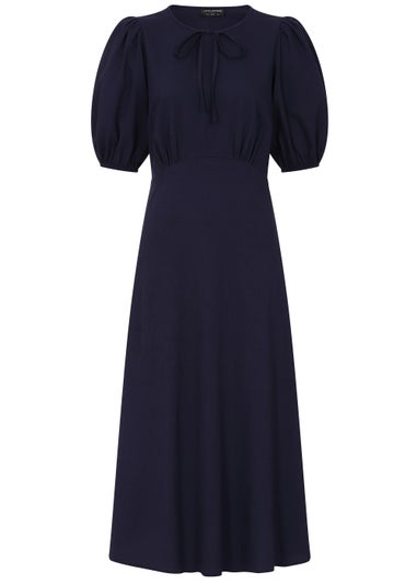 Little Mistress Navy Textured Puff Sleeve Midi Dress