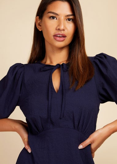 Little Mistress Navy Textured Puff Sleeve Midi Dress