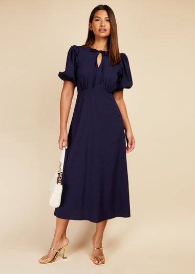 Little Mistress Navy Textured Puff Sleeve Midi Dress