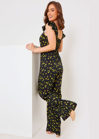 In the Style Jac Jossa Black Floral Frill Jumpsuit