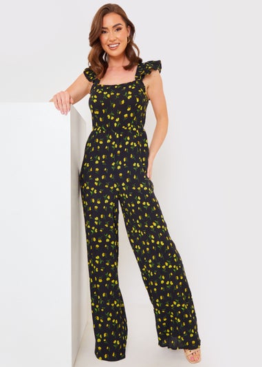 In the Style Jac Jossa Black Floral Frill Jumpsuit