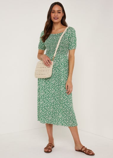 Green Floral Shirred Midi Dress