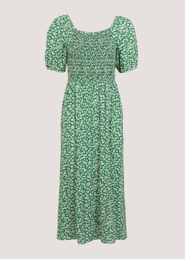 Green Floral Shirred Midi Dress